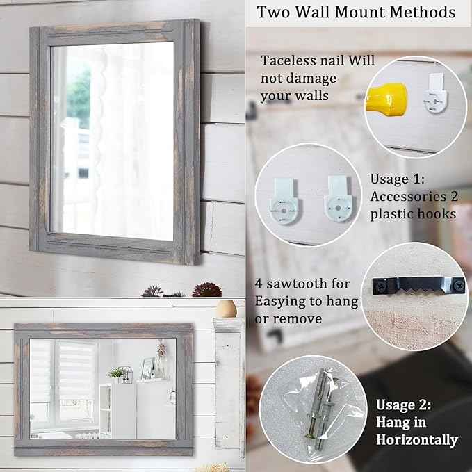 AAZZKANG Wood Framed Mirror Rectangular Rustic Wall Mirrors Decorative Large 26"x18" for Farmhouse Bathroom Living Room Bedroom Grey