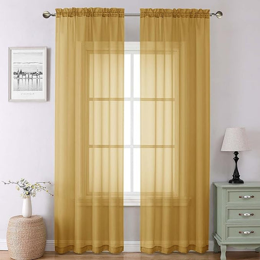 Lecloud Gold Sheer Curtains 90 Inches Long 2 Panels, Breathable Solid Voile Light Filtering Curtain, Lightweight Home Decor Drapes with Rod Pocket for Bedroom Living Room, Each 42" W x 90" L