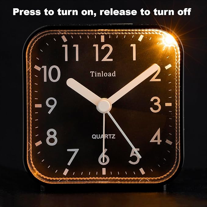 Tinload Small Battery Operated Analog Travel Alarm Clock Silent Non Ticking, Gentle Wake, Ascending Beep Sounds, Snooze,Lighted on Demand, Easy Set - Image 5