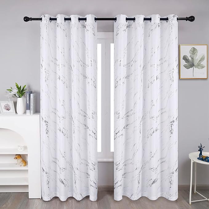 Taisier Home Silver Foil Print Linen Textured Curtains - Geometric Marble Pattern Design for Living Room - Light Filtering Window Treatment, 2 Panels, 72" L, White and Silver