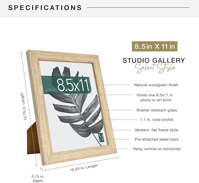 MCS Studio Gallery 8.5x11 Picture Frame Natural Woodgrain Engineered Wood, Rectangle Photo Frame for Photos, Posters & Art Prints & Easel for Tapletop Display (1-Pack)