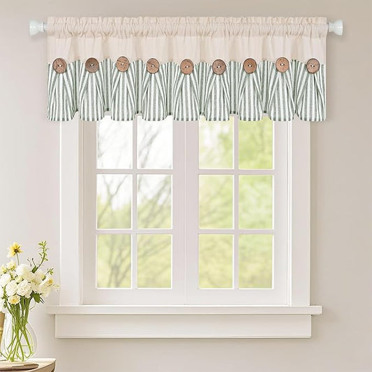 ASPMIZ Cotton Linen Kitchen Curtains Valance, Boho Rustic Button Valances for Windows Farmhouse Style, Green Stripe Window Valances for Bathroom Cafe, Tie Up Valance for Kitchen Windows, 60 x 14 Inch