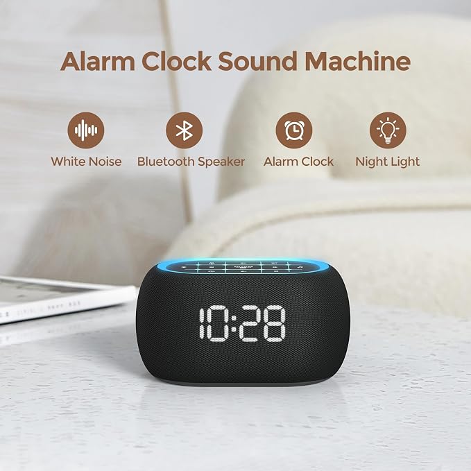 ANJANK Alarm Clock White Noise Sound Machine with Bluetooth Speaker, 21 Soothing Sounds, 7 Night Lights, 0-100% Dimmer/Sleep Timer/Volume Control, Small Design for Kids Adults Sleeping,Bedroom (Black) - Image 2