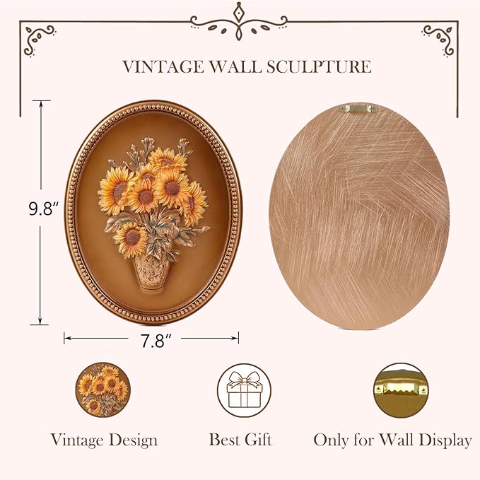 SIKOO Vintage Wall Sculptures Bronze Gold Sunflower Wall Art Hand Painted Ornate Wall Hanging Decoration Antique Pediment Wall Statue Ornament Decor Gallery for Kitchen Bedroom Living Room