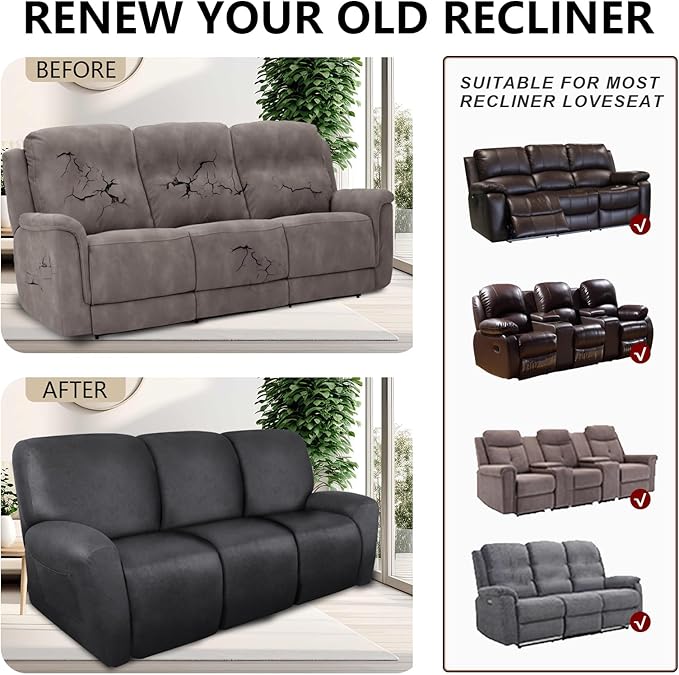ANARACHON Recliner Couch Cover Leather Look Recliner Sofa Covers for 3 Cushion Reclining Sofa Slipcovers 8-Pieces Furniture Protector Spandex Fabric Washable (3 Seater, 01 Dark Gray)
