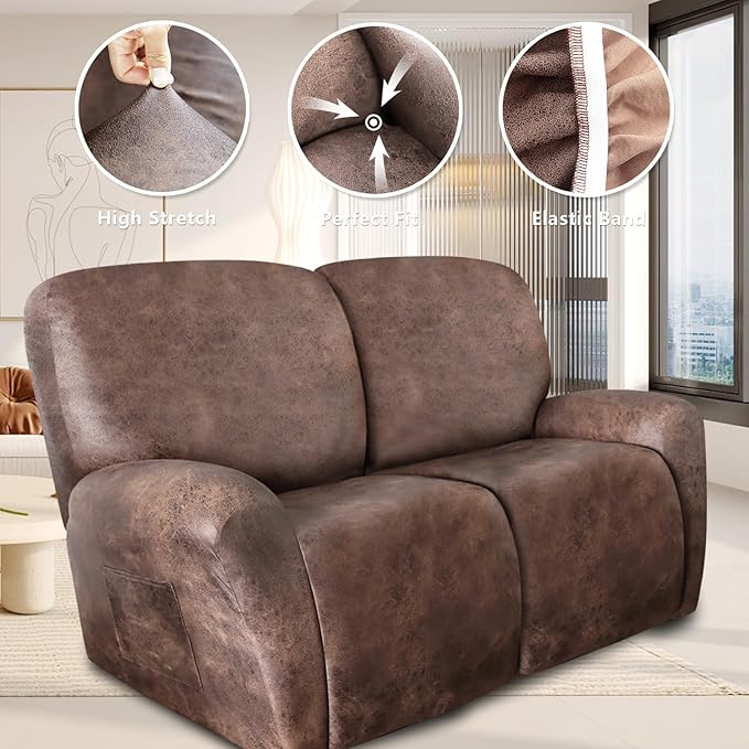 ANARACHON Loveseat Recliner Cover Leather Look Recliner Loveseat Covers Recliner Sofa Cover for 2 Seater Reclining Couch Spandex Fabric Washable 6 Pieces (2 Seater, 02 Light Brown)