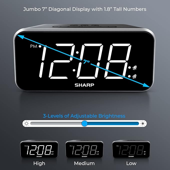 Sharp Digital Alarm Clock, 1.8" Jumbo White LED Display, Dual Alarm, Black - Image 4