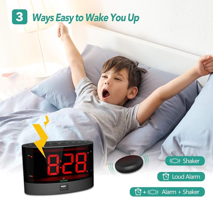 ANJANK Extra Loud Alarm Clock for Heavy Sleepers, Wireless Bed Shaker, Vibrating Dual Alarm, Deaf and Hearing-impaired, Adjustable Volume/Dimmer/Wake up Mode, USB Charger Port - Image 3