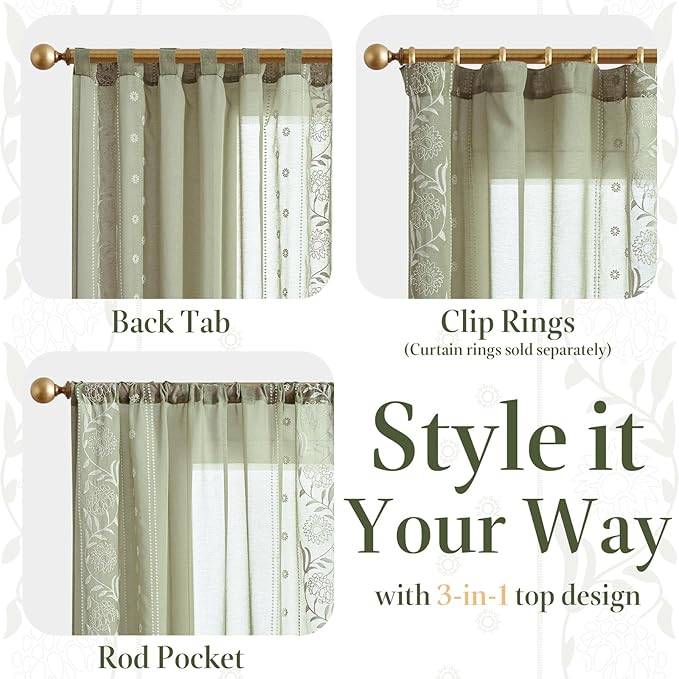 jinchan Winslow Sheer Curtains 63 Inch Length for Dorm Bedroom Bordered Floral Pattern Decorations Short Curtains Light Filtering Window Treatments, 50W x 63L, Ivory on Sage, 2 Panels
