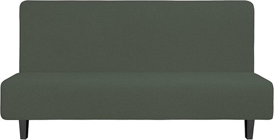 Easy-Going Stretch Futon Slipcover Armless Futon Bed Cover Furniture Protector Without Armrests with Elastic Bottom for Kids, Soft Jacquard Fabric Small Checks (Large, Olive Green)