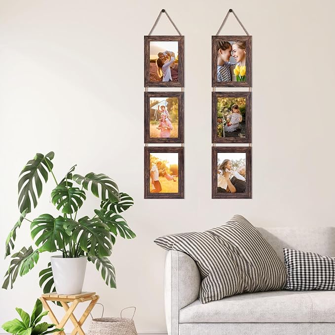 Lavezee Wall Hanging 5x7 Picture Frames Set of 2, Vertical Collage Distressed Brown Triple Frame Made to Display 5 by 7 inch Photo for Wall Decor
