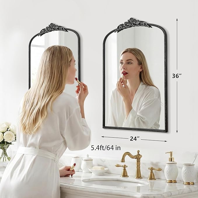 Micasso Vintage Wall Black Mirror: 24" x 36" French Baroque Antique Mirror - Traditional Ornate Decorative Arched Mirrors for Wall/Bathroom/Entryway/Fireplace/Hallway - Home Decor for Living Room