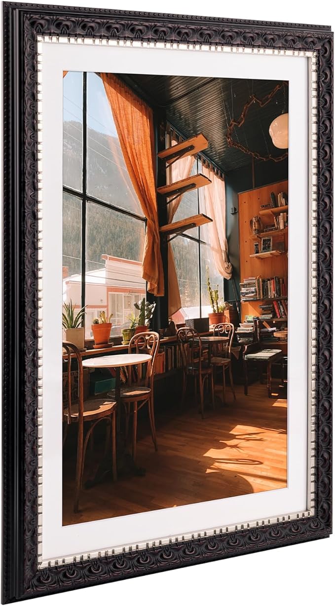 Golden State Art, 13X19 Ornate Finish Photo Frame with White Mat for 11X17 Picture & Real Glass, Color: Black with Silver & Burgundy
