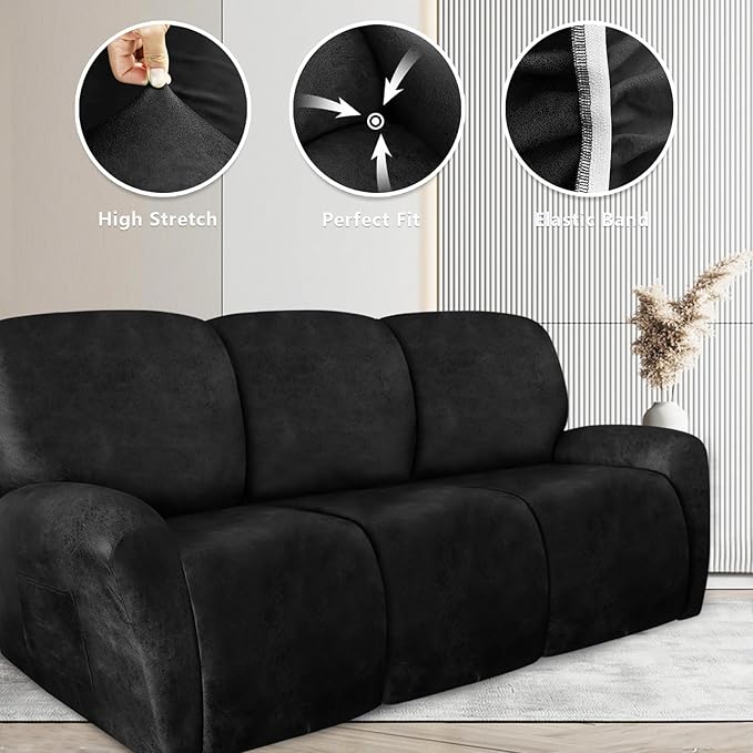 ANARACHON Recliner Couch Cover Leather Look Recliner Sofa Covers for 3 Cushion Reclining Sofa Slipcovers 8-Pieces Furniture Protector Spandex Fabric Washable (3 Seater, 02 Black)