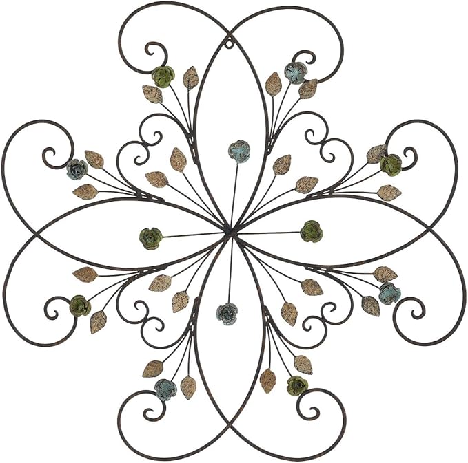 KUWIVO Lechesis 24" Metal Flower Scroll Wall Art Decor Sculptures with Rust Leaf for Living Room Bedroom