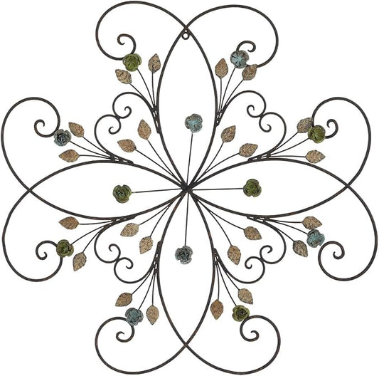 KUWIVO Lechesis 24" Metal Flower Scroll Wall Art Decor Sculptures with Rust Leaf for Living Room Bedroom