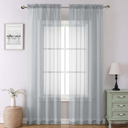 Lecloud Light Grey Sheer Curtains 90 Inches Long 2 Panels, Light Filtering Voile Airy Curtains, Elegant Transparent Solid Window Treatments with Rod Pocket for Living Room Bedroom, Each 42" W x 90" L