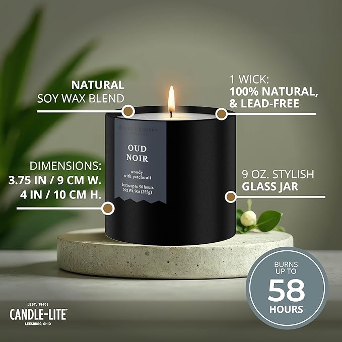Candle-lite Rugged & Refined Scented Candle for Men, Oud Noir, 9 oz Tin, Poured in The USA, Masculine Fragrance, 1-Wick, 58 Hours of Burn Time, Ideal Gift for Man in Your Life & Father's Day