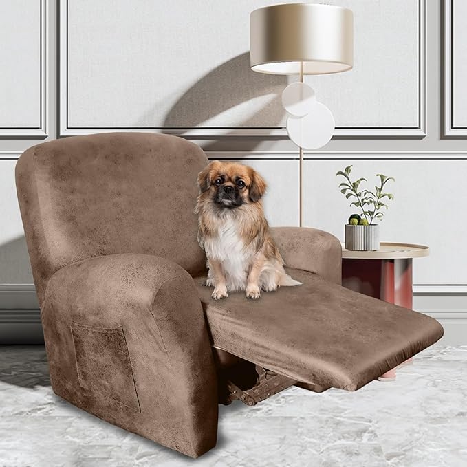 ANARACHON Leather Like Recliner Chair Covers Stay in Place, 4 Pieces Recliner Cover for Recliner Chair, Leather Cover for Recliner slipcovers Washable for Pets (Light Brown)