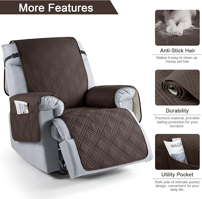 TAOCOCO 100% Waterproof Recliner Chair Covers, Non Slip Recliner Covers for Recliner Chair with Pocket, Washable Reclining Chair Cover Furniture Protector for Kids,Dogs(22'', Chocolate)