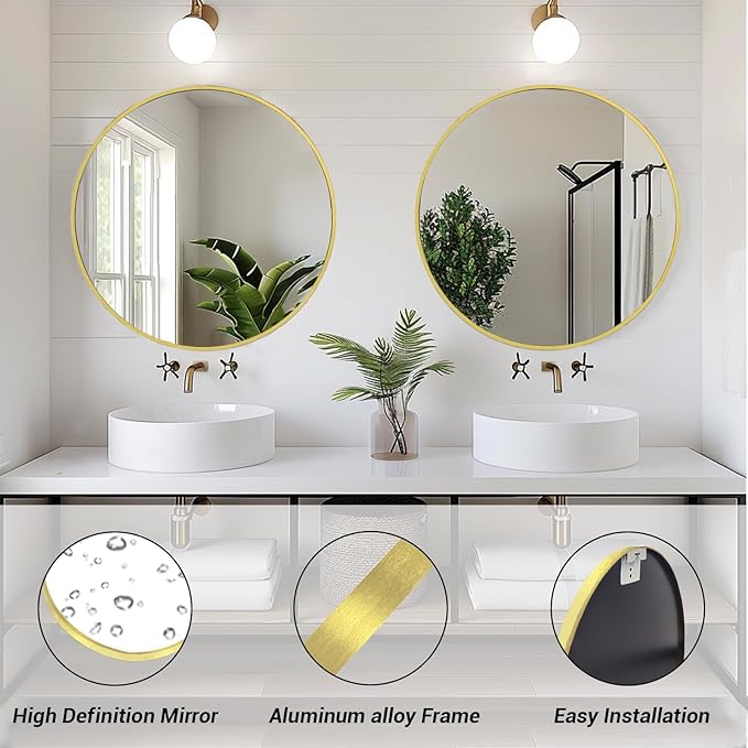 Sunniry Gold Circle Mirror, Round Mirror 20 inch, Gold Mirror Metal Frame, Round Wall Mirrors for Bathroom, Bedroom, Living Room, Entryway.