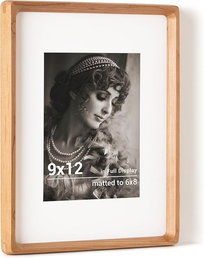 Fun Memories 9x12 Picture Frame, USA-Sourced Cherry Wood Photo Frames with HD Tempered Glass, Handcrafted Rounded Corner 9 x 12 Wooden Frames Matted to 6x8 Photos, 9x12 Frame, Tabletop or Wall Display