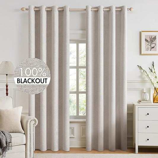 MIULEE 100% Blackout Linen Textured Curtains for Bedroom Solid Thermal Insulated Ivory Grommet Room Darkening Curtains & Drapes Luxury Decor for Living Room Nursery 52 x 94 Inch (2 Panels)