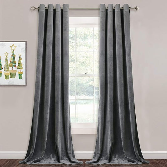 StangH Grey Velvet Curtains 90 inches Long for Living Room, Thermal Insulated Light Blocking Window Drapes for Sliding Door/Office, W52 x L90 Each Panel, 2 Panels