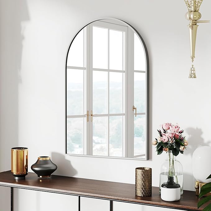SCWF-GZ 30x20 Arch Mirror Rectangle Wall Mounted Hanging or Against Wall Aluminum Alloy Metal Frame Dressing Make-up Mirrors for Entryway Bedroom Bathroom Living Room 30 20 inch Silver