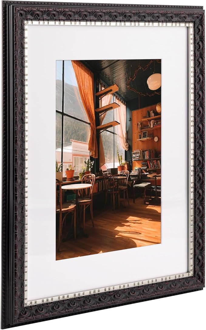 Golden State Art, 12X16 Ornate Finish Photo Frame with White Mat for 8X12 Picture & Real Glass, Color: Black with Silver & Burgundy