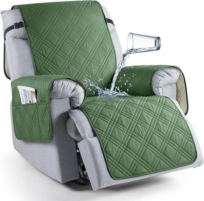 TAOCOCO 100% Waterproof Recliner Chair Cover, Non Slip Recliner Covers for Reclining Chair with Pocket, Washable Reclining Chair Cover Furniture Protector for Kids, Pets(Recliner Chair, Vine Green)