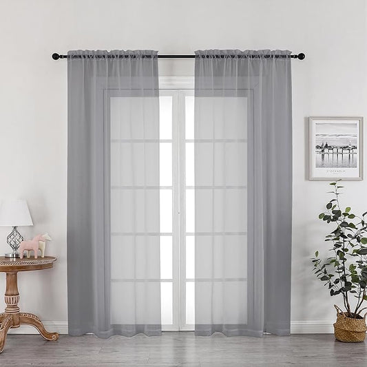OWENIE Grey Sheer Curtains 72 Inches Long 2 Panels, Transparent Voile Sheer Curtain Double Rod Pocket Gauze Drapes for Living Room Bedroom Window Sliding Glass Door Treatment, 42 x 72 Inch