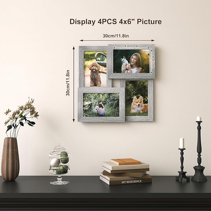 Egofine 4x6 Picture Frame Collage, Family Picture Frame for 4x6 pictures Covered by Plexiglass for Wall Hanging and Tabletop, 4-opening Dimensional Picture Frame for Home Deor, Oak Grey