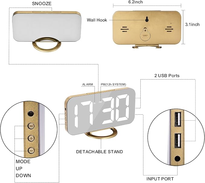SZELAM Digital Alarm Clock,LED and Mirror Desk Clock Large Display,with Dual USB Charger Ports,3 Levels Brightness,12/24H,Modern Electronic Clock for Bedroom Home Living Room Office - Gold - Image 5
