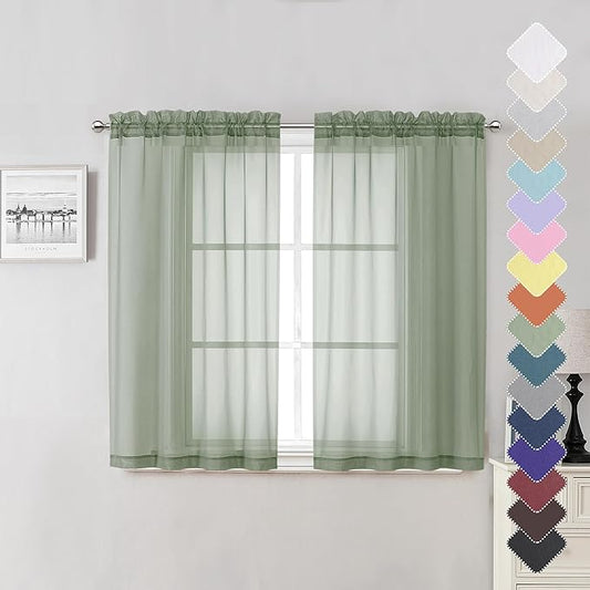 Lecloud Sage Green Sheer Curtains 45 Inch Long 2 Panels, Short Voile Drapes for Dinning Small Windows, Light Filtering Voile Curtain for Living Room Bedroom Bathroom, Dual Rod Pocket, 40" Wx45 L