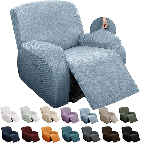 YEMYHOM 4 Pieces Stretch Recliner Slipcover Latest Jacquard Recliner Chair Cover with Side Pocket Anti-Slip Fitted Recliner Cover Couch Furniture Protector with Elastic Bottom (Recliner, Light Blue)