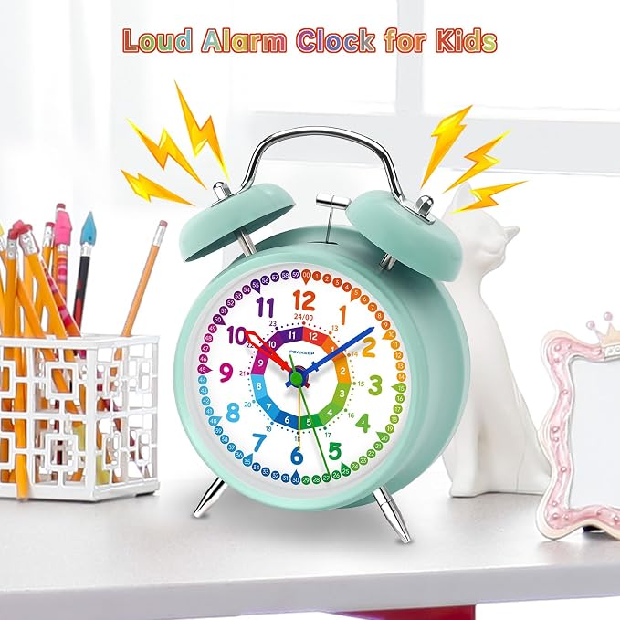 Peakeep Learning Clock for Kids Time Teaching, Loud Alarm to Wake Up | 4.5" Twin Bell Alarm Clock Battery Operated for Teenagers Kids, Kids' Room (Aqua) - Image 2