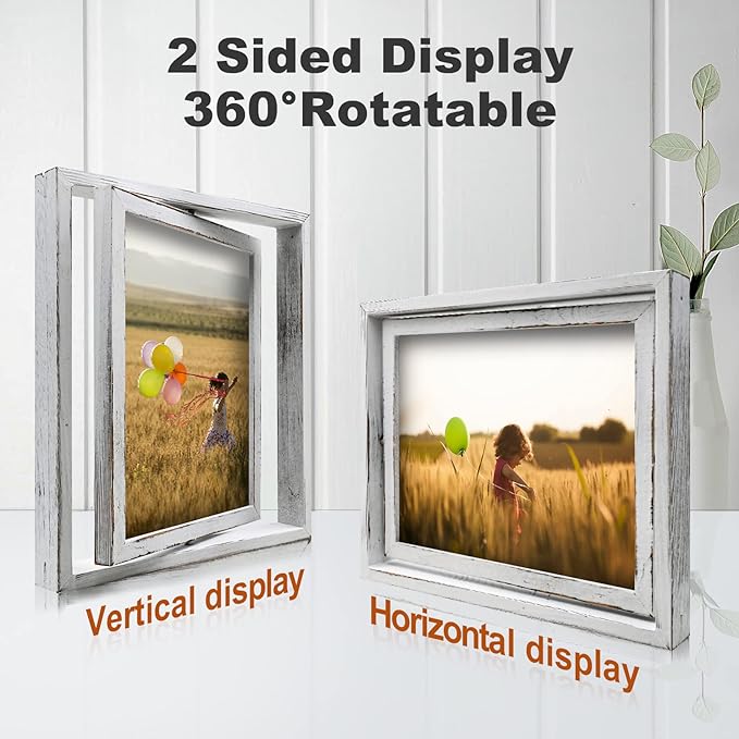 Egofine 2 Pack 8x10 Rotating Floating Picture Frames,Double-Sided Display with HD Glass Front Wooden Distressed Frame for Vertical or Horizontal Tabletop Display, White