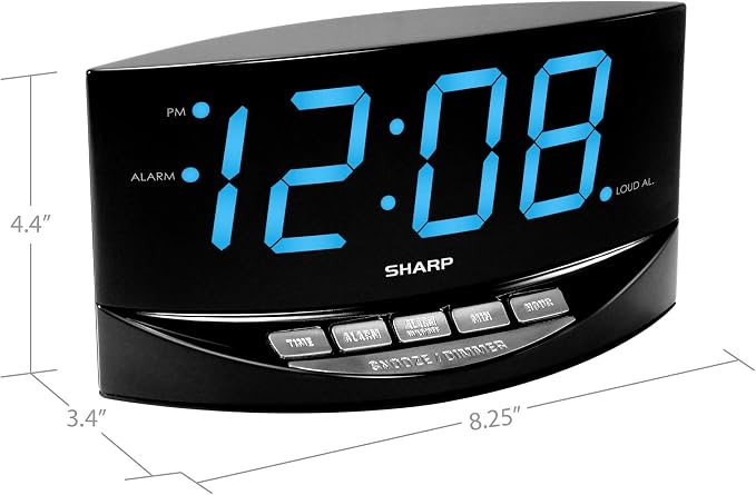 Sharp Digital Alarm Clock, 2" Jumbo Blue LED Display, High/Low Volume | 2-step dimmer, easy-set controls, snooze, battery backup, across-room viewing, bedroom, nightstand, office, seniors, elderly - Image 6