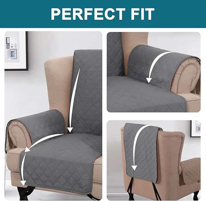 Turquoize 100% Waterproof Wing Chair Cover Wing Armchair Slipcovers Chair Couch Protector Triple Non-Slip Sofa Slipcover for Wing Chair Furniture Protector for Pets, Kids,Dog (Wing Chair, Gray)