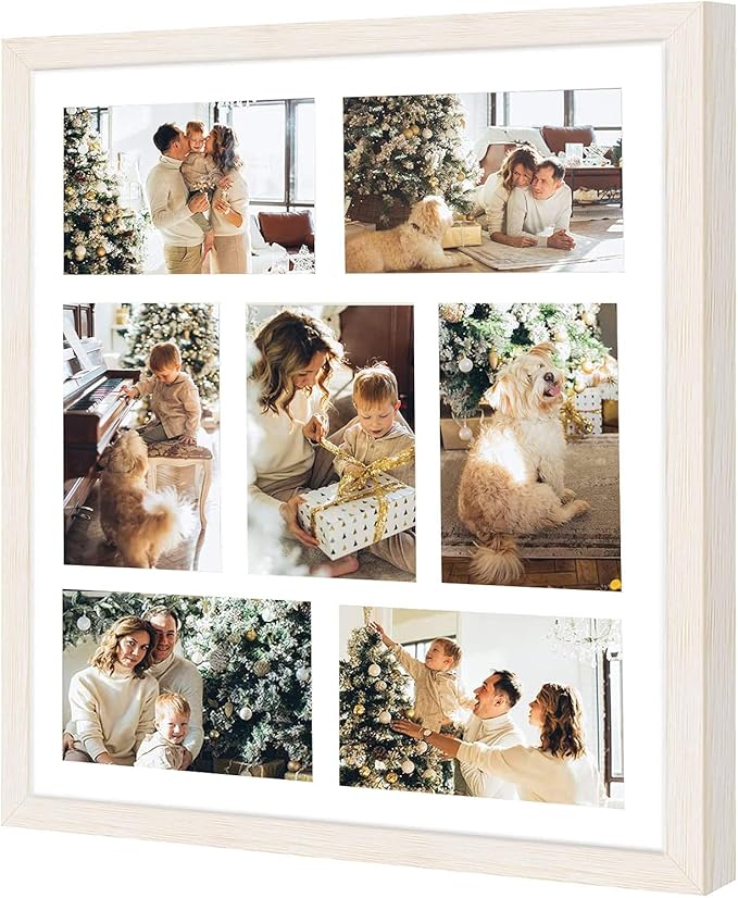 Golden State Art, Set of 2, 13.7x15.7 Distressed White Wood Collage Frame - White Mat - Displays Seven 4x6 Photos - Real Glass, Sawtooth Hanger, Swivel Tabs - Wall Mounting, Landscape, Portrait