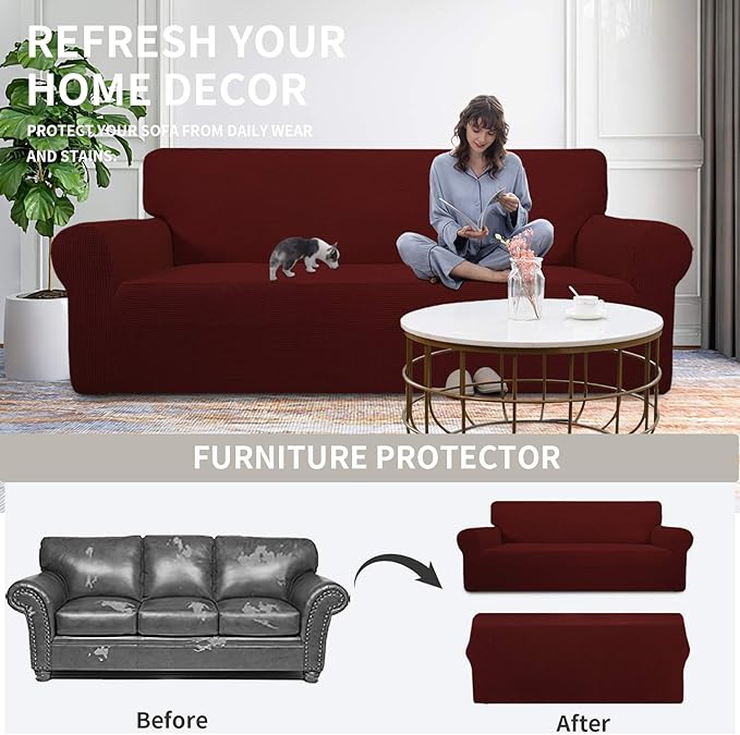 Easy-Going Stretch Oversized Chair Sofa Slipcover 1-Piece Couch Sofa Cover Furniture Protector Soft with Elastic Bottom for Kids Spandex Jacquard Fabric Small Checks Wine