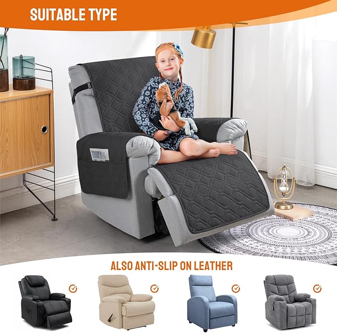 VANSOFY 100% Waterproof Recliner Chair Covers, Recliner Cover Non-Slip Dog Chair Cover Furniture Protector Washable Slipcover with Pocket, Elastic Straps for Pets, Dogs(Charcoal Gray, 20")