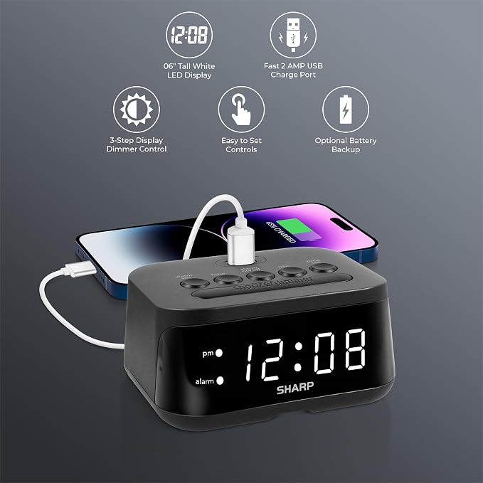 Sharp Digital Alarm Clock with USB 2 AMP Fast Charge Port & White LED Display - Image 2