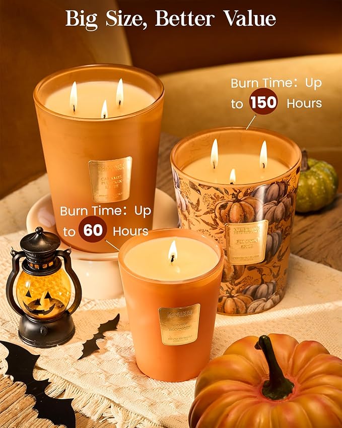 M&SENSE Caramel Pumpkin Latte Scented Soy Candle, 3-Wick 35oz 150H Slow Burn, Aromatherapy Candle for Home Fragrance, Fall Winter Halloween Thanksgiving Housewarming Gifts