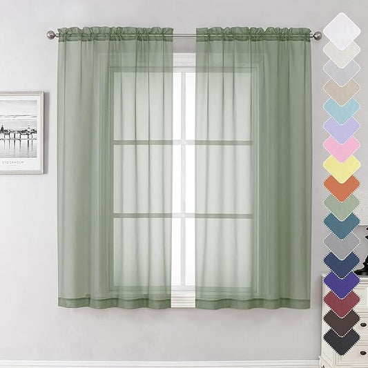 Lecloud Sage Green Sheer Curtains 63 Inch Long 2 Panels, Elegant Voile Drapes for Dinning Small Windows, Light Filtering Voile Curtain for Living Room Bedroom Bathroom, Dual Rod Pocket, 40" Wx63 L