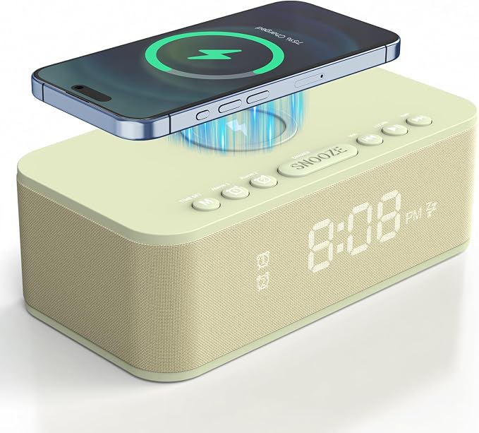 Digital Alarm Clock White Noise, Loud Digital Alarm Clocks Bedrooms, Alarm Clock Speaker Wireless Charger AUX USB Bluetooth Speaker 12/24H Dual Alarm Snooze Adjustable Brightness, Cream by FansbeDirect