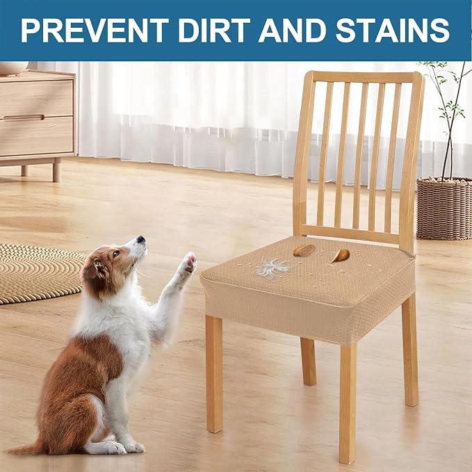 Smiry Waterproof Seat Covers for Dining Room Chairs Set of 6, Stretch Jacquard Removable Washable Chair Seat Slipcovers Protector, No Rear Covers, Camel