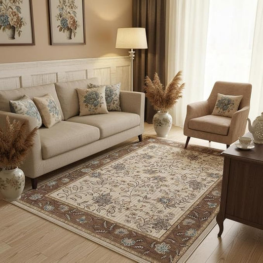 GarveeHome 5x7 Area Rug French Brown Washable Rugs for Living Room Bedroom, Soft Low Pile Non Slip Accent Floor Mat Botanical Floral Print Throw Rug Indoor Carpet Dining Room Playroom