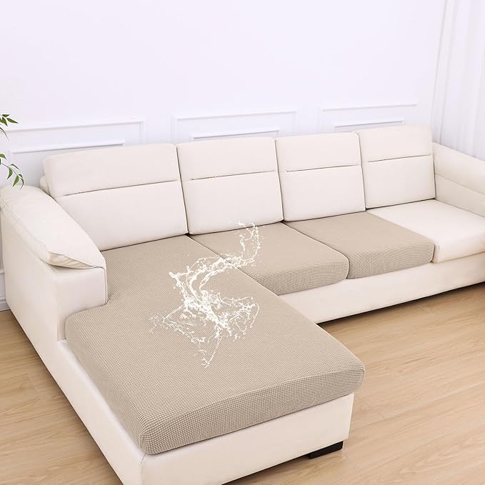 hyha Waterproof Couch Cushion Covers for Pets, Non Slip Sofa Seat Cover for Dogs Washable, Soft Thick Stretch Jacquard Fabric, Sofa Slipcovers with Elastic Bottom (1 Chaise+2 Seater, Taupe)